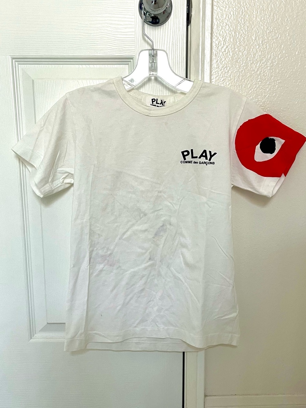 Comme des Garcons PLAY White Tee with Red Heart Sleeve